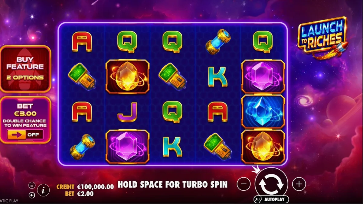 Interface futurista do slot Launch to Riches com elementos espaciais