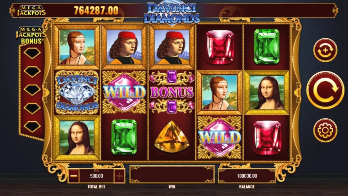 Interface do slot Mega Jackpot DaVinci Diamonds com símbolos de arte e diamantes