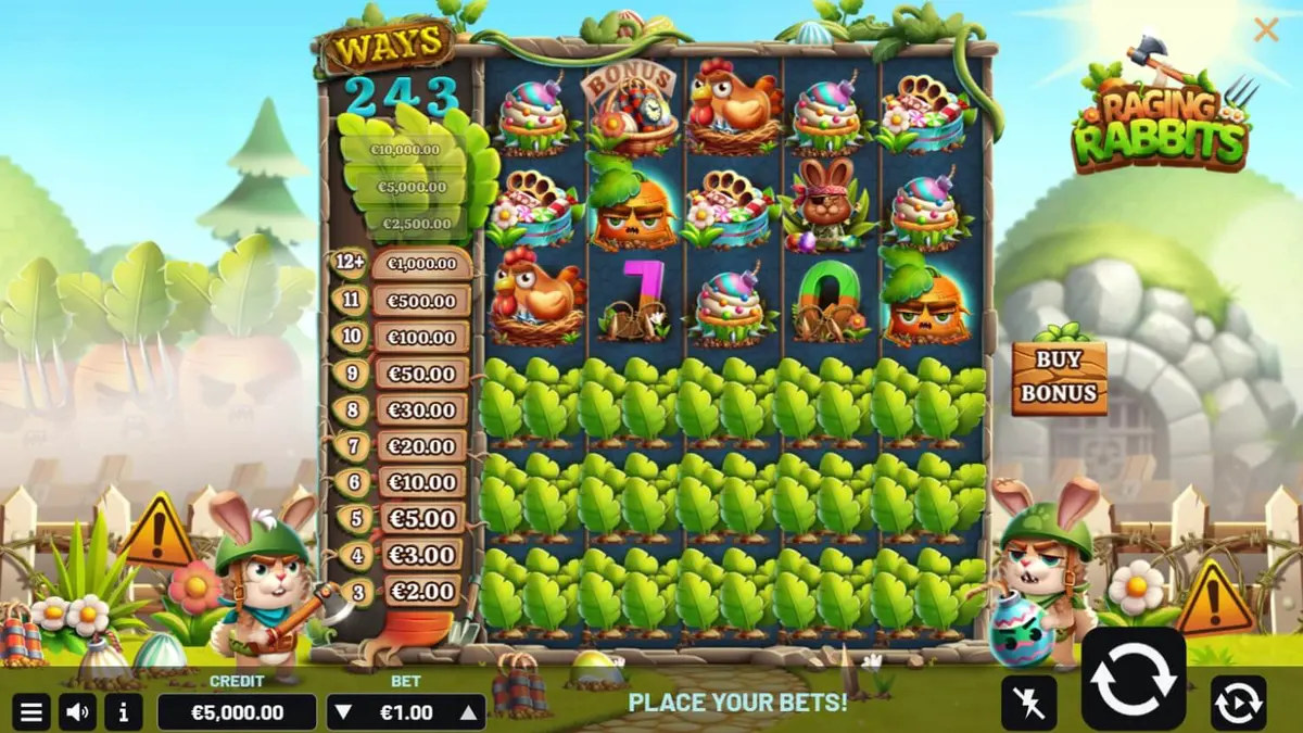 Cena de batalha cômica com coelhos em um campo de guerra no slot Raging Rabbits